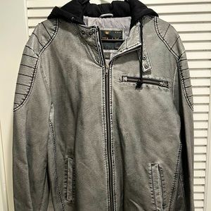 Men’s Large Helix Grey Leather Zip Up Hooded Jacket